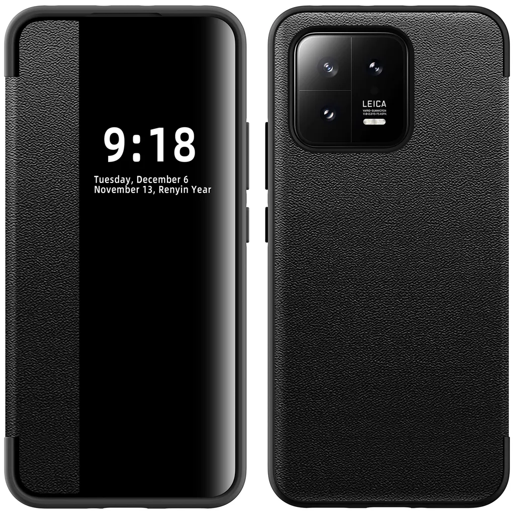 Cover Flip Xiaomi 13 con Finestra View - Ecopelle Nera Professionale