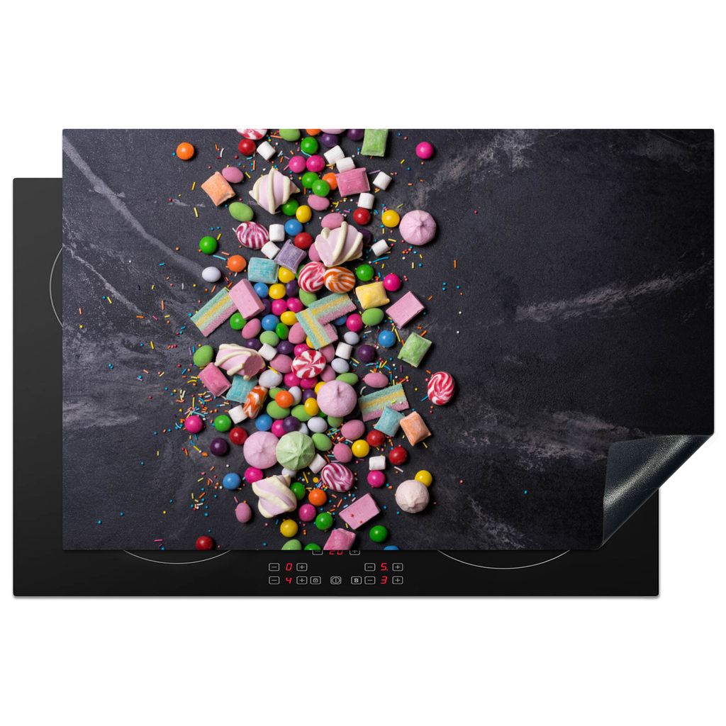 KitchenYeah Herdabdeckplatte Süßigkeiten - Bunt , 80x52cm, Küche Deko, Glaskeramikfeld Herdabdeckung, Abdeckplatte fùr Kochfeld