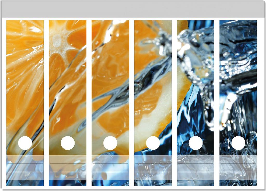 Wallario Ordnerrücken Sticker, selbstklebend für breite Ordner, 6 Stück, Motiv Orange in spritzigem Wasser vor blauem Hintergrund