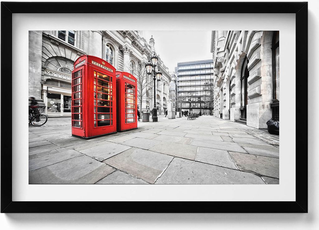 Rote Telefonzellen in London– Wandbild mit Rahmen – Gerahmtes Bild – Wanddekoration – 60x40 cm – Schwarz Rahmen