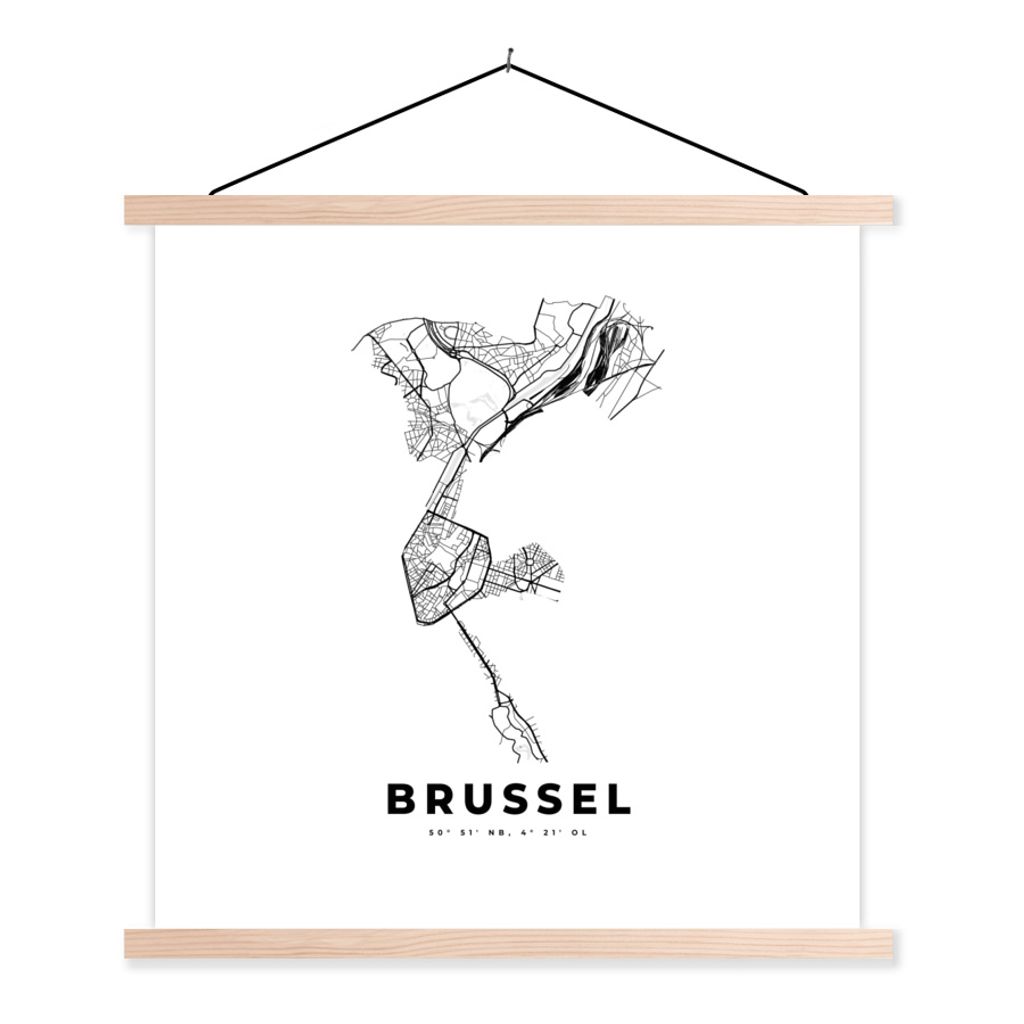 MuchoWow Textilposter Belgien - Brüssel - Stadtplan - Karte - Schwarz und weiß - Karte 40x40 cm mit holzfarbenen Rahmen - Posterleiste