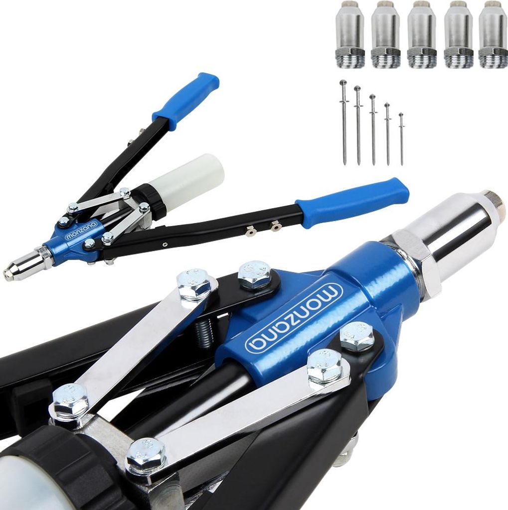 A set of rivet guns and accessories on a white background.