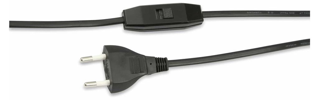 A black power cord with a switch and a European plug.