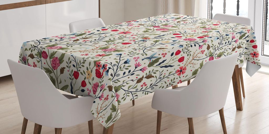 ABAKUHAUS Blumen Tischdecke, Blumen Collage aus Ritterstern Tulpen Rosen Veilchen Lebhafter Fröhliche Natur Muster, 140 x 240 cm, Mehrfarbig
