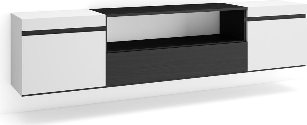 TV-Schrank, Lowboard, 200x35x45cm, Für TV-Geräte bis zu 80", Hängend, Weiß und Schwarz