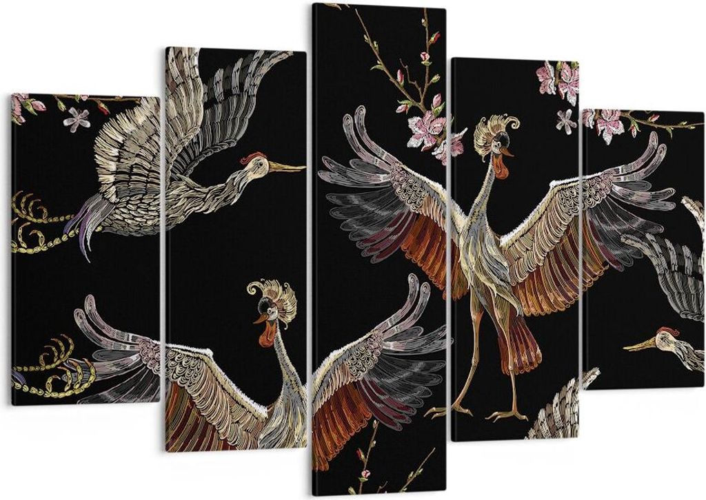 Bild auf Leinwand - Leinwandbild - 5 Teile - Asiatisch Vögel Verziert - 150x100cm - Wand Bild - Wanddeko - Wandbilder - Leinwanddruck - Bilder - W...