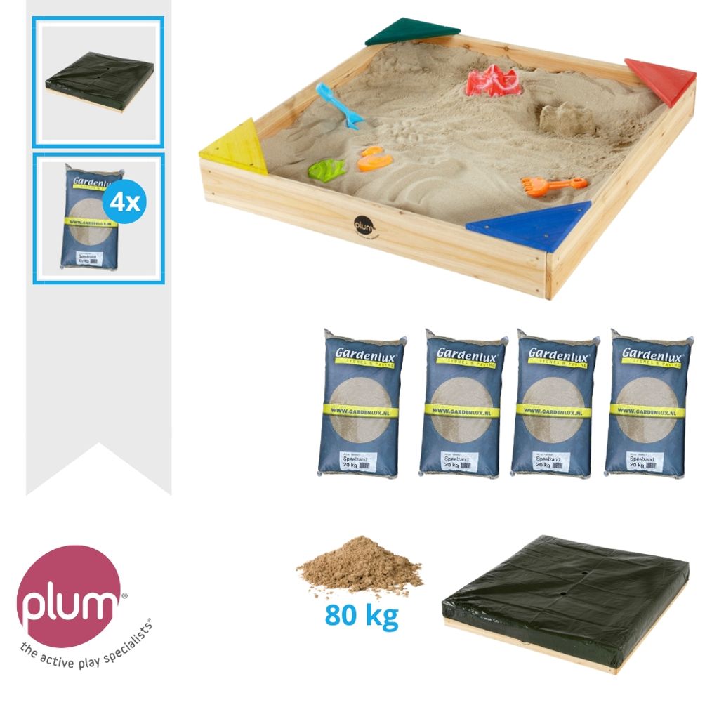 Plum Sandkasten - Holz - Natur - Inklusive Abdeckung und Spielsand 80kg