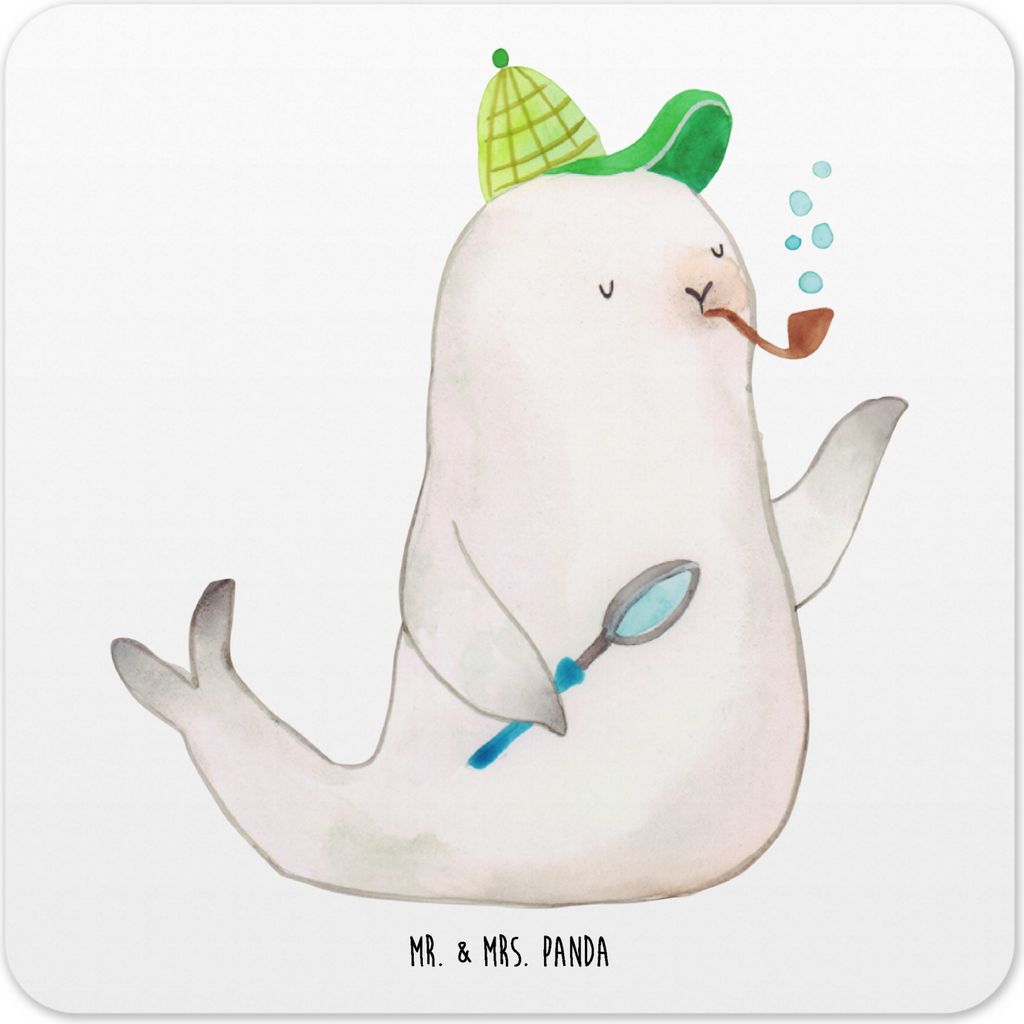 Mr. & Mrs. Panda Tischuntersetzer Robbe Sherlock 6er Set - Weiß - Geschenk, Glas-Untersetzer, Coaster, Untersetzer für Gläser, Getränke-Unterse...