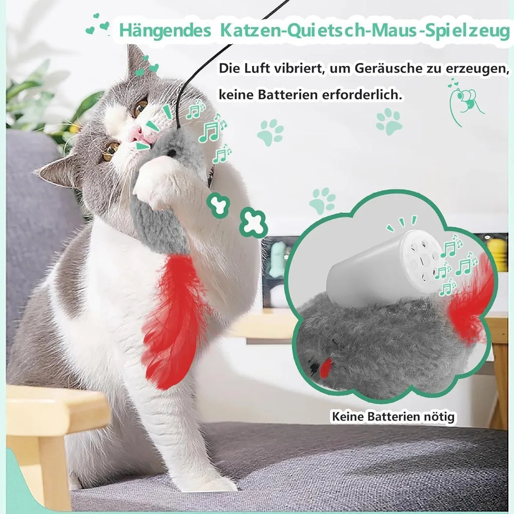Set de 2 souris interactives pour chat avec couineur et queue à ressort - 2