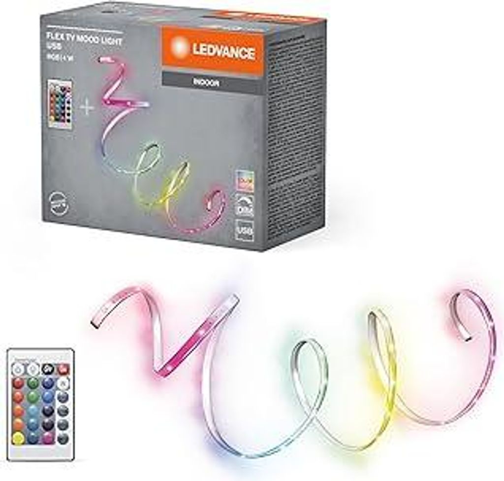 LEDVANCE TV MOOD LED-Streifen mit USB, 4 W, RGB-Farbsteuerung, flexibel und biegsam, für den Innenbereich, selbstklebend, Fernbedienung enthalten,...