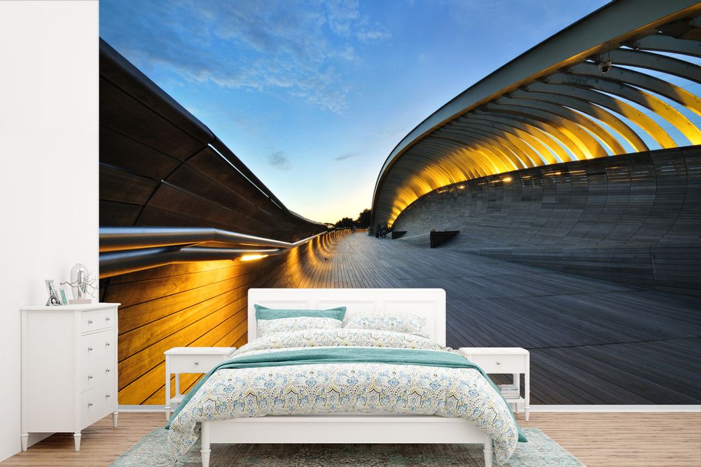 MuchoWow Fototapete für Wohnzimmer oder Schlafzimmer Wandtapete Vinyl Motivtapete Bild einer Brücke im asiatischen Singapur - 360x240 cm - Viny...