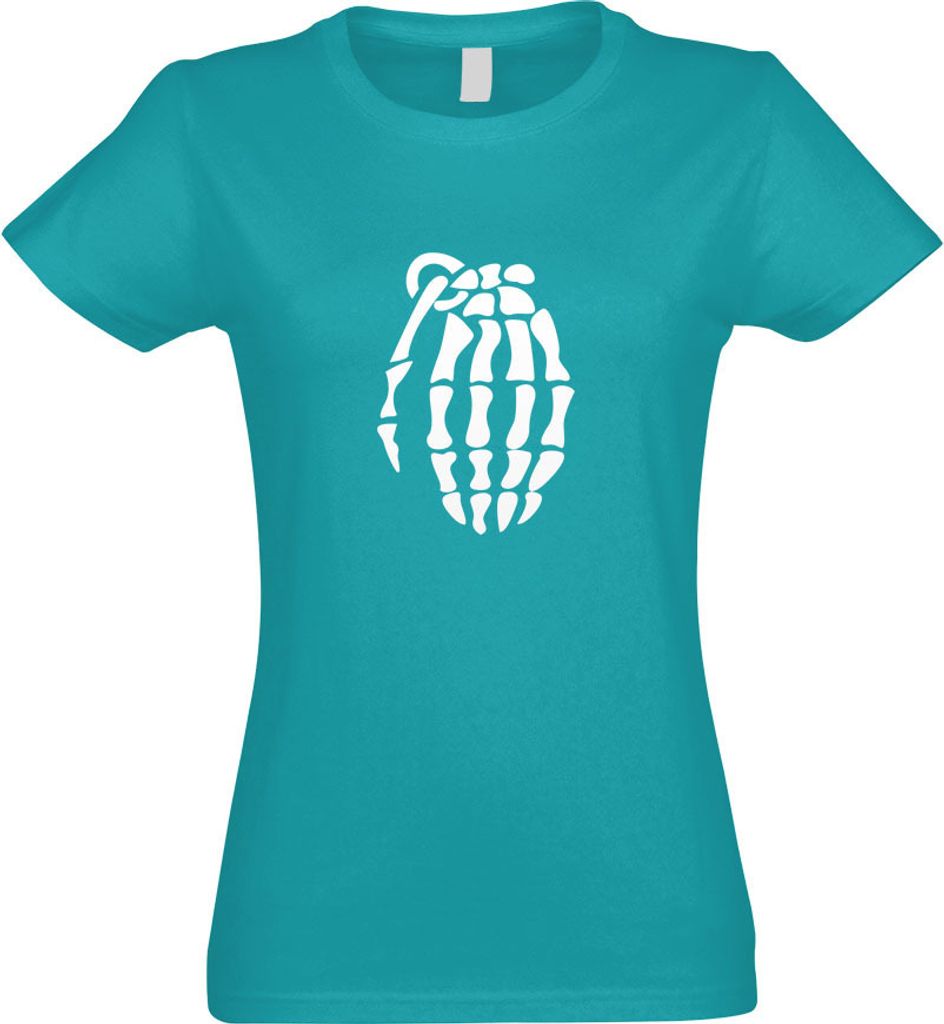 Kiwistar - T-Shirt tailliert - Damen - türkis - Knochen Skelett Handgranate - mit Motiv Bedruckt - Funshirt Design - Sport - Freizeit - Damen - S