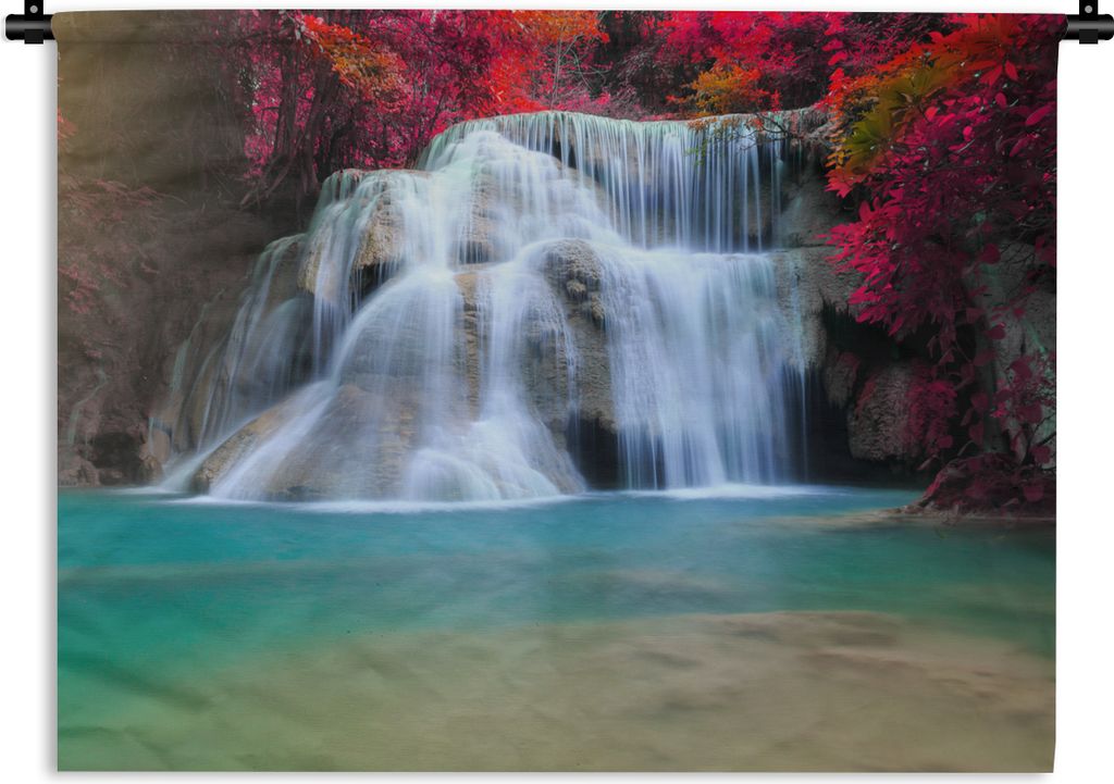 MuchoWow Wandteppich Wandbehang Wasserfall - Bäume - Rot - Landschaft - Natur 120x90 cm Tapisserie Dekoration Wandtuch - Wohnen - Aufhänger fü...