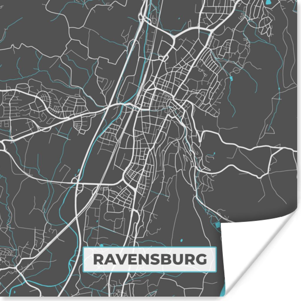 MuchoWow Poster Blau - Deutschland - Karte - Stadtplan - Ravensburg 30x30 cm - Wandposter - Printing