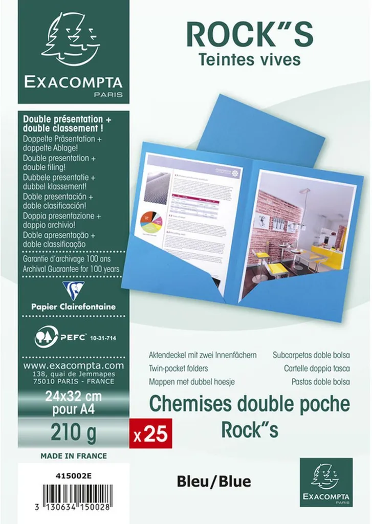 Chemise de classement A4 Exacompta Rock's en Carton Bleu très résistant
