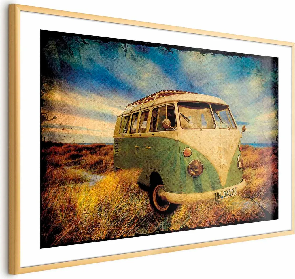 Poster Vintage Autobus Oro 60x40 - Cornice Dorata con Passepartout