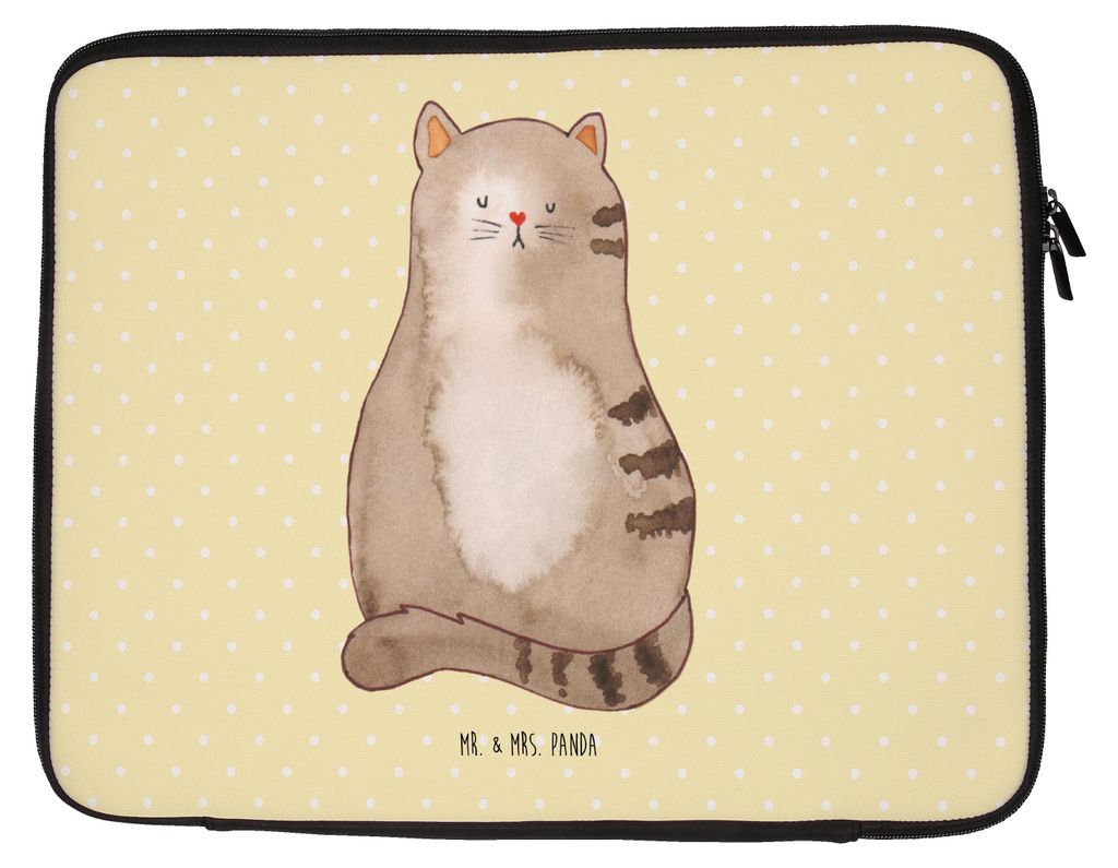 Mr. & Mrs. Panda Laptop Tasche Katze Sitzen 20 x 28 cm - Gelb Pastell - Geschenk, Sleeve, Hülle, Case, Familie, Schutzhülle, Computertasche, Herz...