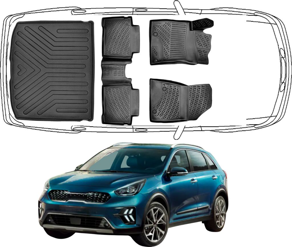 Set Autofußmatten und Obere Kofferraummatte kompatibel mit Kia Niro EV verstellbar Kofferraumboden