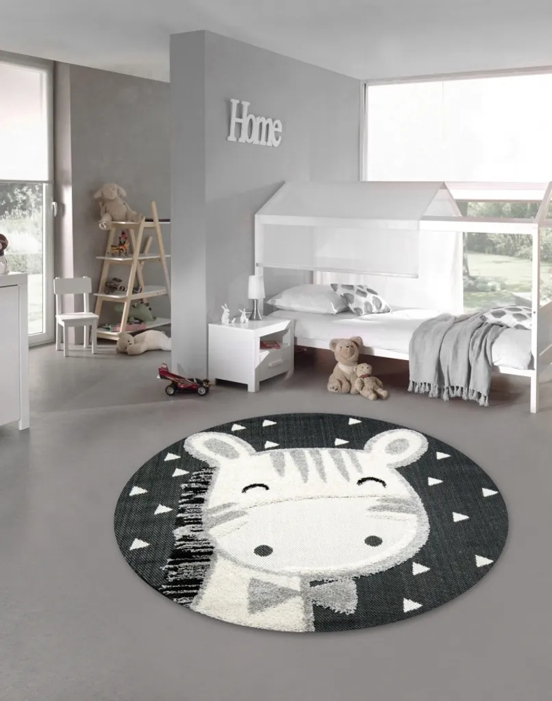 Tapis enfant effet d'optique 3D cheval coloris crème gris noir rond 200cm