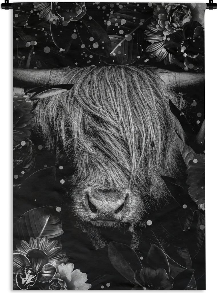 MuchoWow Wandteppich Wandbehang Botanischer schottischer Hochlandrind mit Glühbirnen vor dunklem Hintergrund - schwarz und weiß 120x180 cm Tapi...