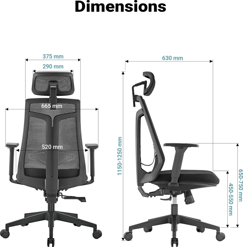 Wiltec Fauteuil de bureau ergonomique 150kg réglable avec appuie-tête - 3