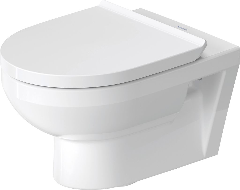 A white wall-mounted toilet with the lid closed, shown from a side-front angle against a white background.