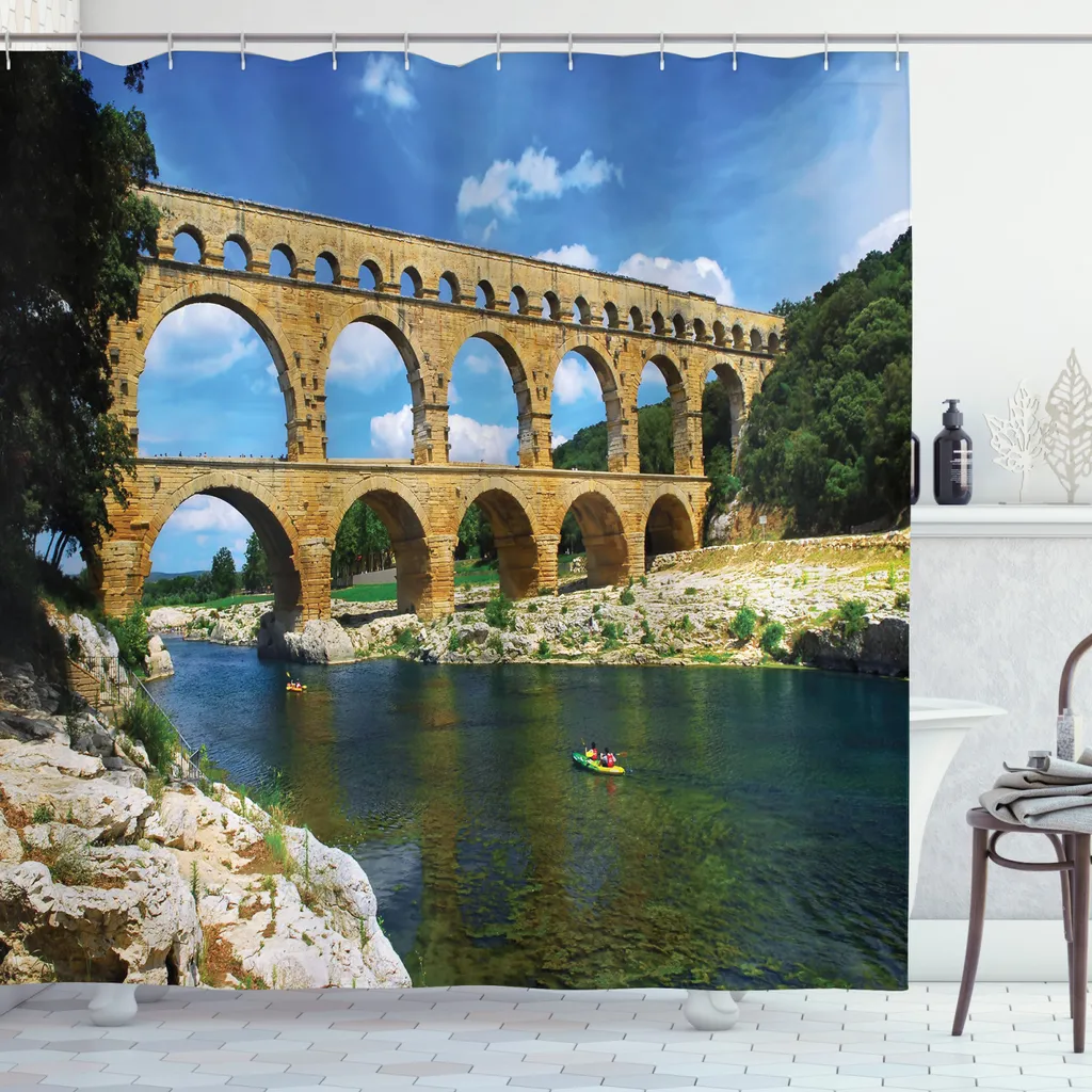 ABAKUHAUS Tenda da doccia paesaggio, antico ponte romano, con set di 12 anelli Impermeabile Elegante Moderna Colori resistenti e antimuffa, 175 x 180 cm, blu verde marrone