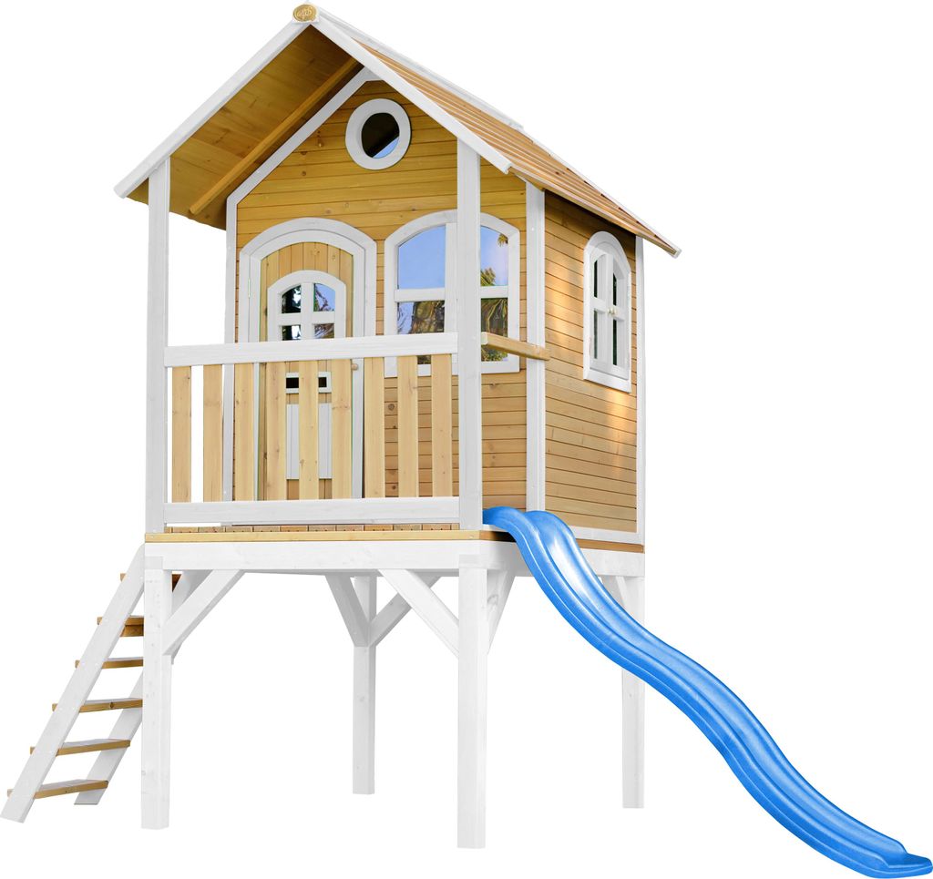 AXI Spielhaus Laura mit blaue Rutsche | Stelzenhaus in Braun & Weiß aus Holz für Kinder | Spielturm mit Wellenrutsche für den Garten