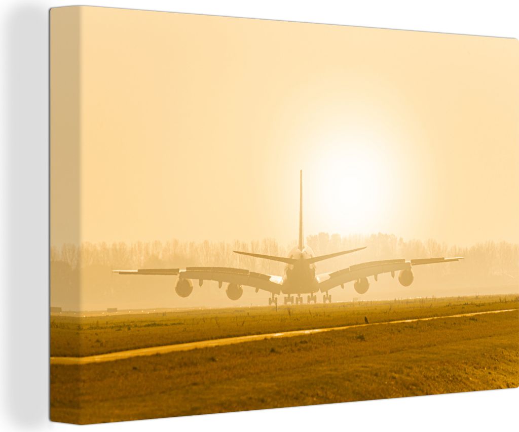 OneMillionCanvasses - Leinwandbilder - 140x90 cm, Flugzeuge in Schiphol bei Sonnenuntergang, Wandbilder Kunstdruck Wanddekoration