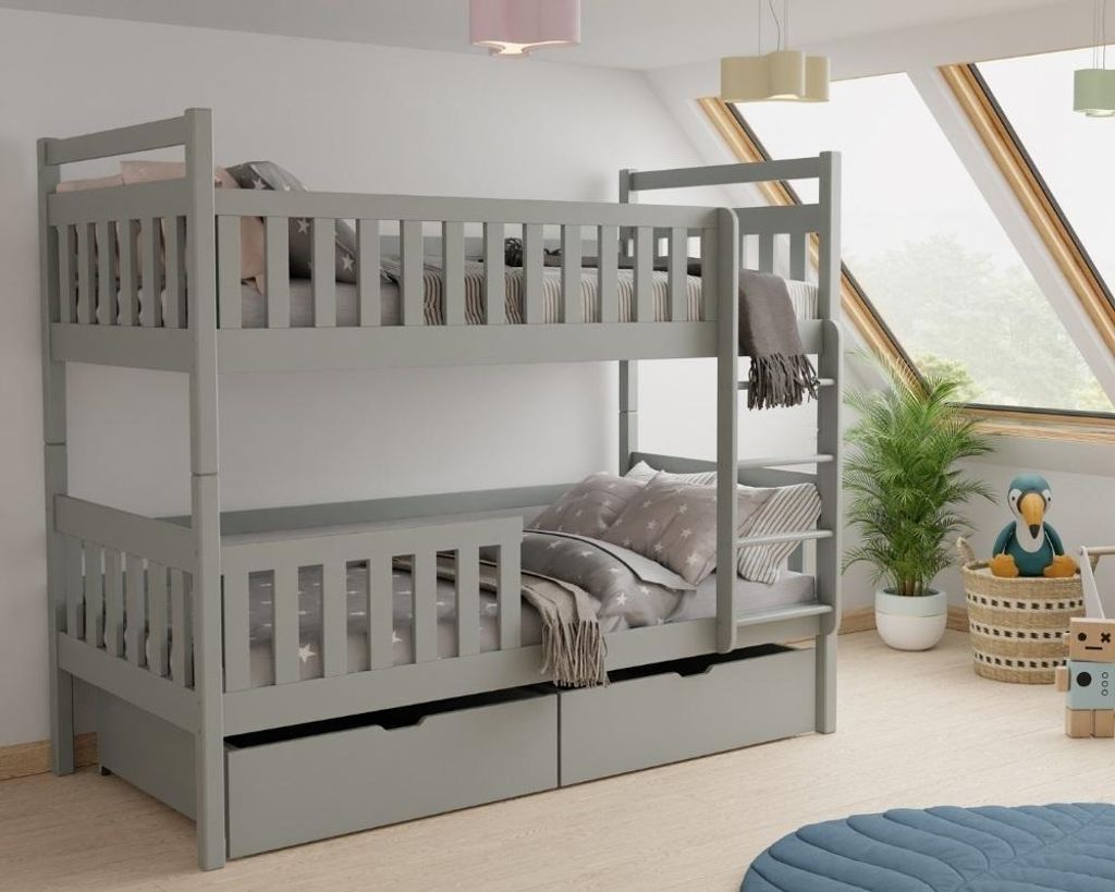 Etagenbett »Hochbett Kinderbett MICO für 2 Kinder 90x200 GRAU aus Massivholz« (Set, Bett mit Lattenrost, 2 Schubladen, Leiter und Rausfallschutz)