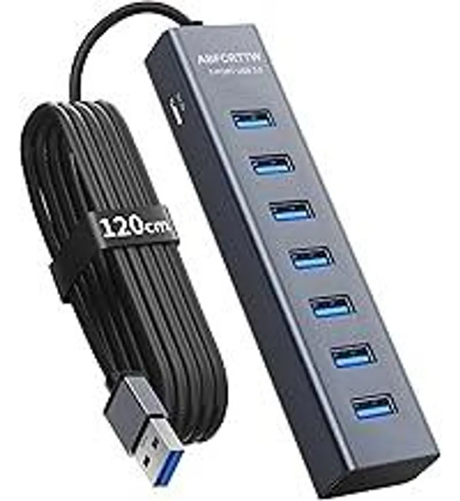Hub USB 3.0 a 7 porte con cavo da 120 cm per desktop, distributore USB in alluminio Adattatore multiporta 5 Gbps Splitter con porta Type-C 5 V 3 A per PC, laptop, MacBook, U-Disk, mouse