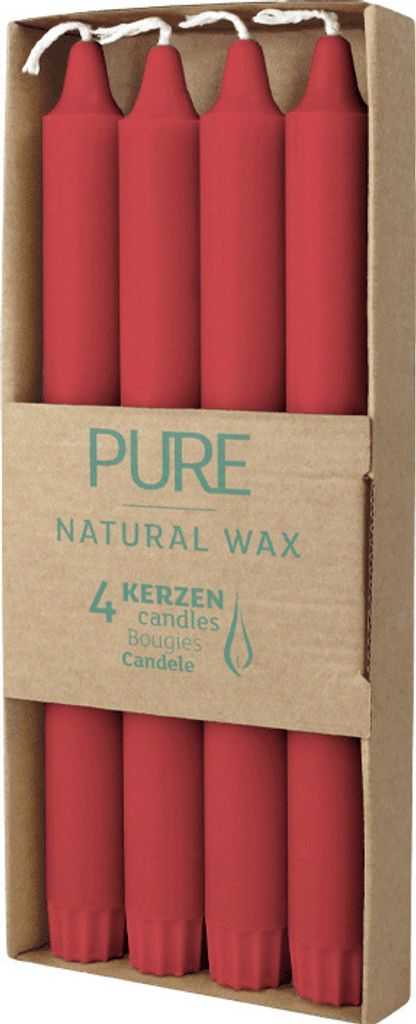 100% PURE, NATURAL WAX, Stabkerze, Karminrot, WENZEL, 250/23 mm, Brenndauer ca. 10h, 100% plastikfreie Verpackung