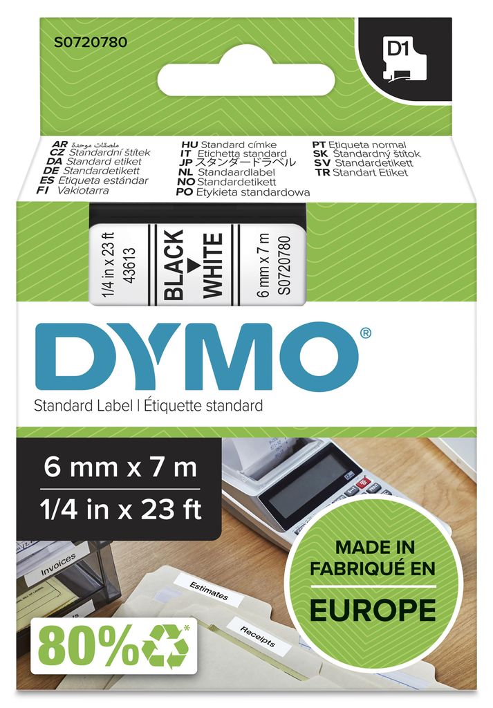 DYMO páska D1 6 mm x 7 m, černá na bílé, Černá na bílé, D1, Obrázek produktu 