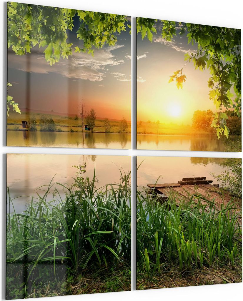 DEQORI Glasbild Echtglas 4x50x50 cm 'Ruhender See am Abend' Wandbilder XXL groß