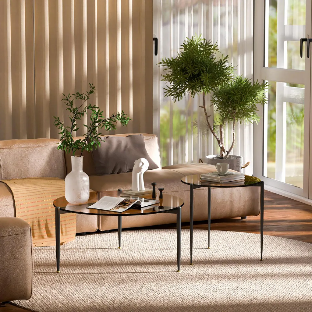 Table basse en verre ambre et structure dorée Ø80 cm - Design Vrygle