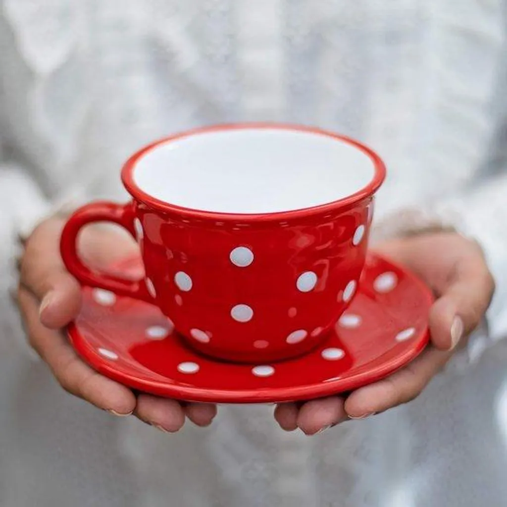 Tasse à pois anti-taches 350 ml avec soucoupe large en céramique robuste