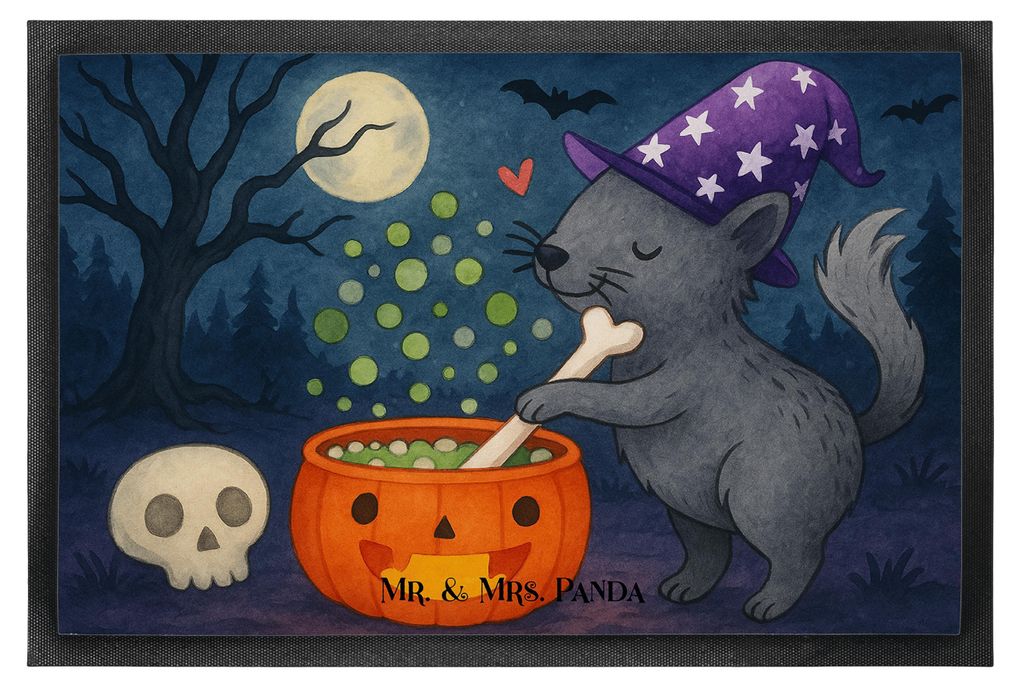 Mr. & Mrs. Panda Sauberlaufmatte Kater Hexenkessel Design 60 x 90 cm - Weiß - Geschenk, Fussmatte, Dekoration, Schmutzmatte, Bodenvorleger, Zauber...