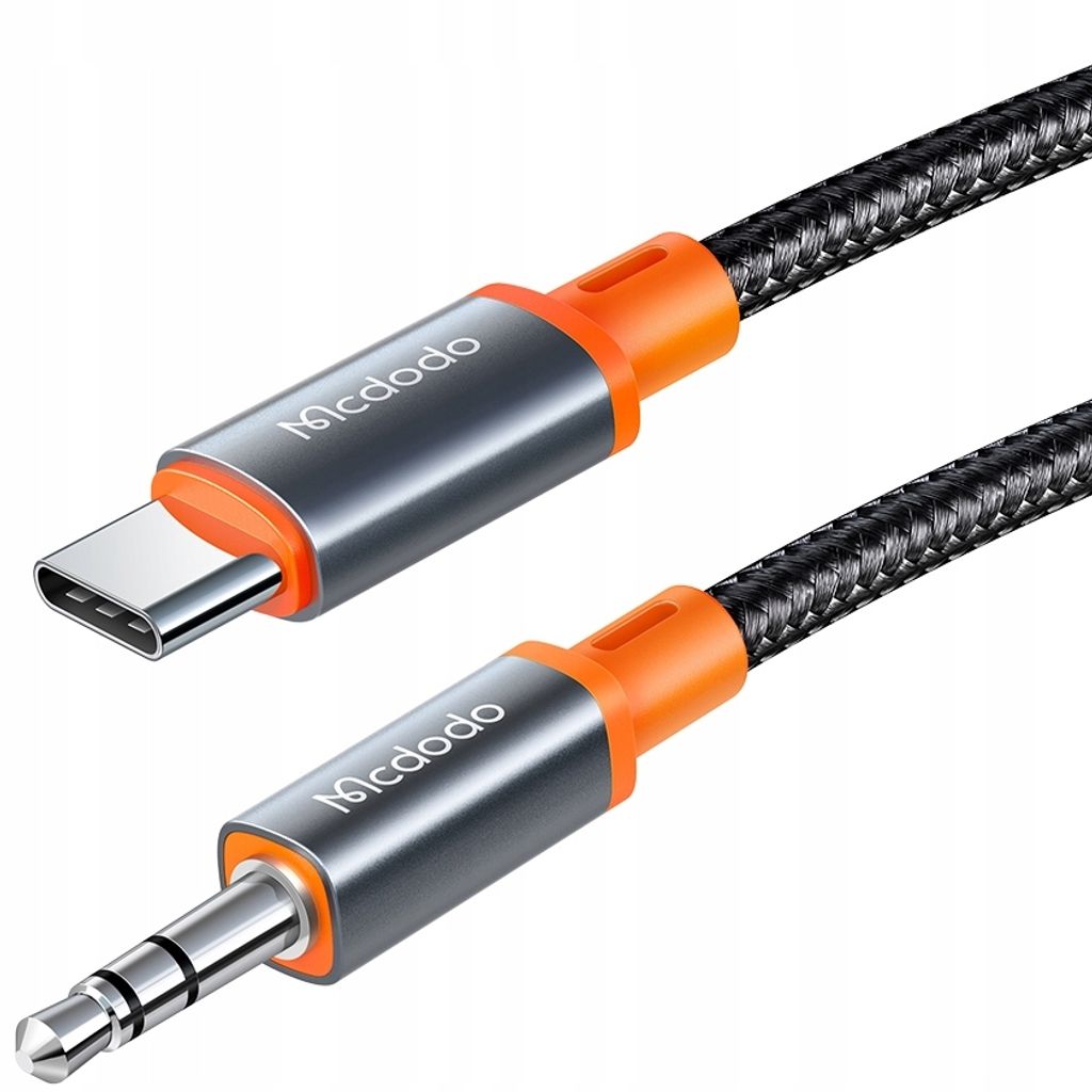 A close-up studio shot of a Mcdodo USB-C to 3.5mm audio cable.