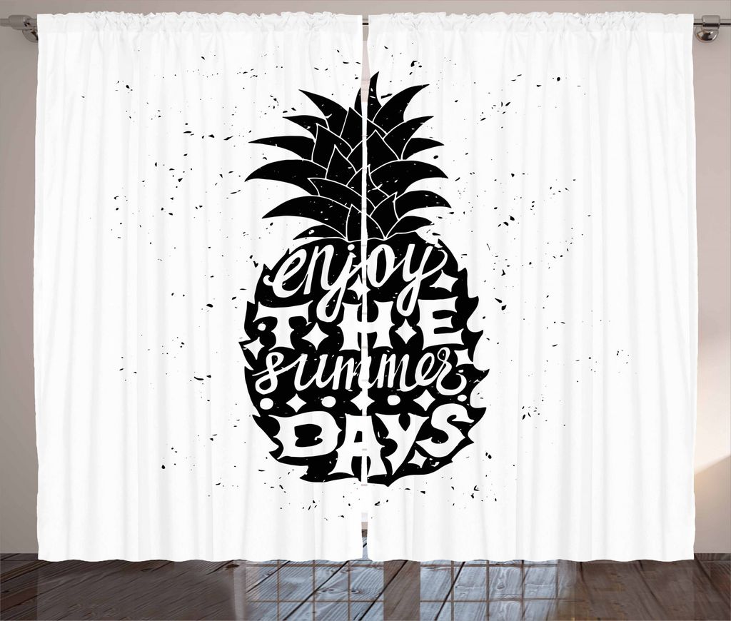 ABAKUHAUS Tropisch Rustikaler Gardine, Ananas Hawaii Fruit, Schlafzimmer Kräuselband Vorhang mit Schlaufen und Haken, 280 x 245 cm, Schwarz und weiß