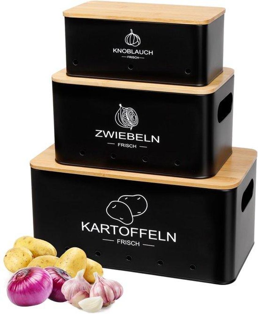 Kartoffel- und Zwiebelbehälter Set, schwarz, rechteckig, hält Gemüse frisch