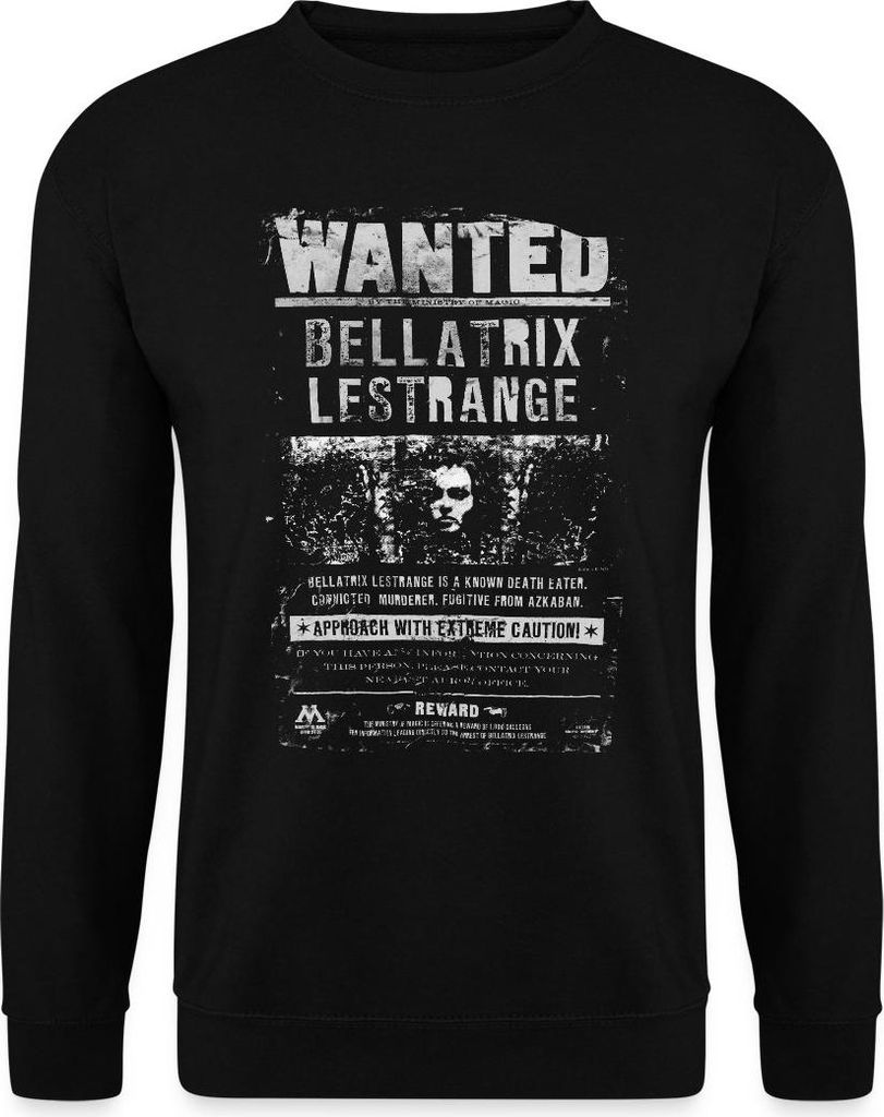 Spreadshirt Harry Potter Bellatrix Lestrange Wanted Poster Uni Pullover, S, Schwarz
