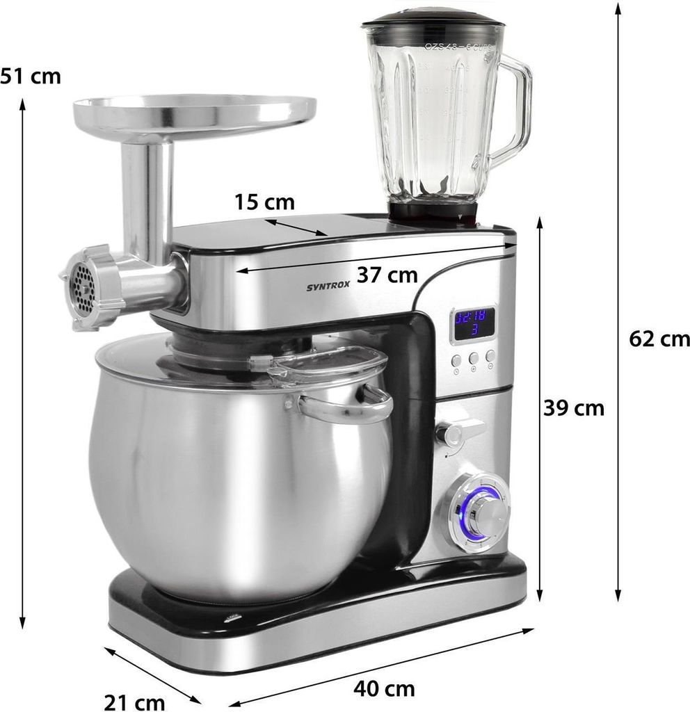 Küchenmaschine Paris Edelstahl 12 Liter - Profi Küchengerät Mit Fleischwolf | 2000W 6 Geschwindigkeitsstufen