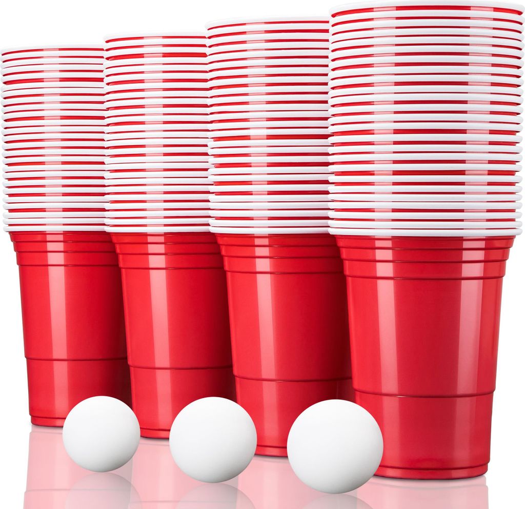 TRESKO Rote Partybecher 100 Stück mit 6 Bällen Trinkbecher Einwegbecher Plastikbecher Party Beer Pong Red Cups