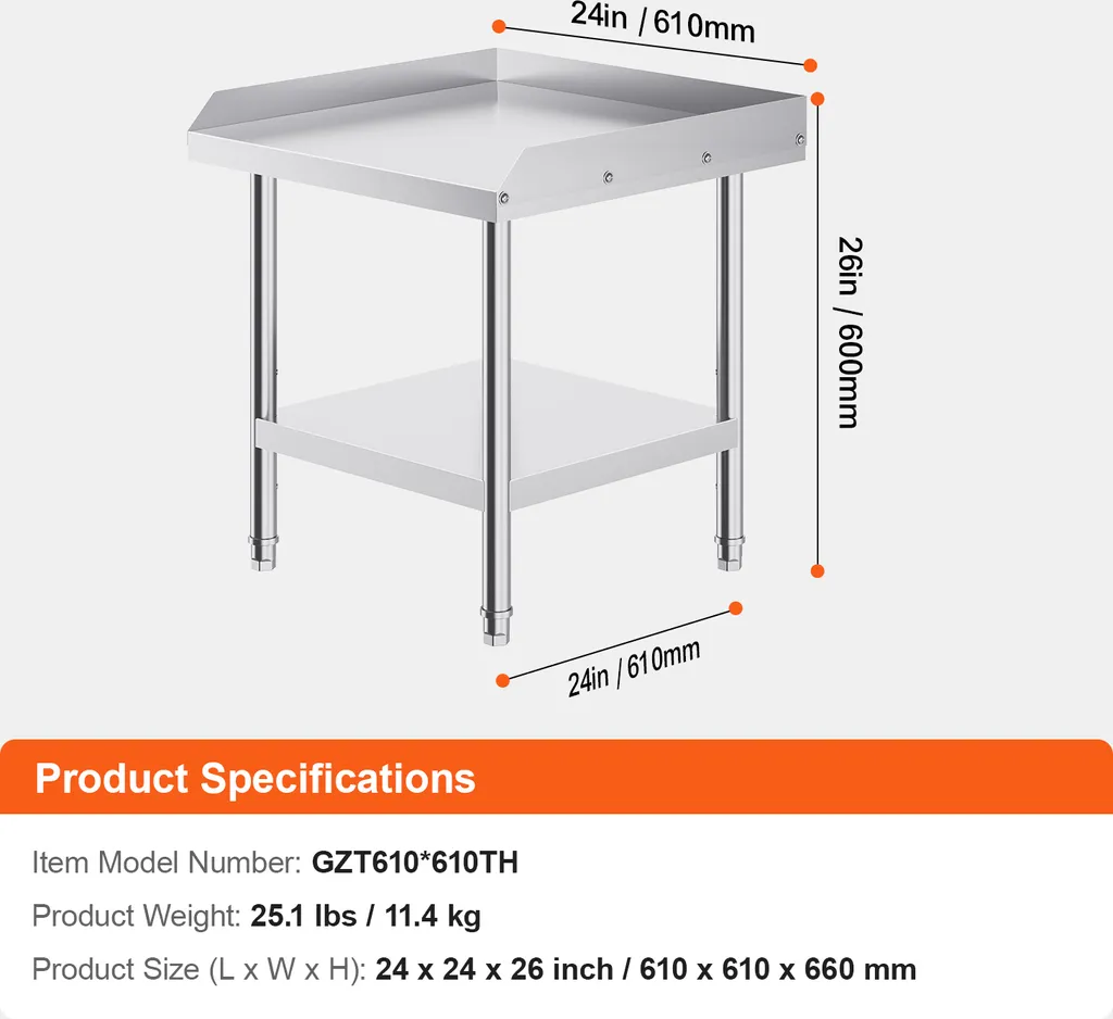 SucceBuy Tavolo da lavoro in acciaio inox 24 x 24 x 26 pollici. Robusto tavolo commerciale per la preparazione di alimenti con alzatina su 3 lati. Regolabile in altezza per l'uso in ristoranti, case e alberghi. - 7