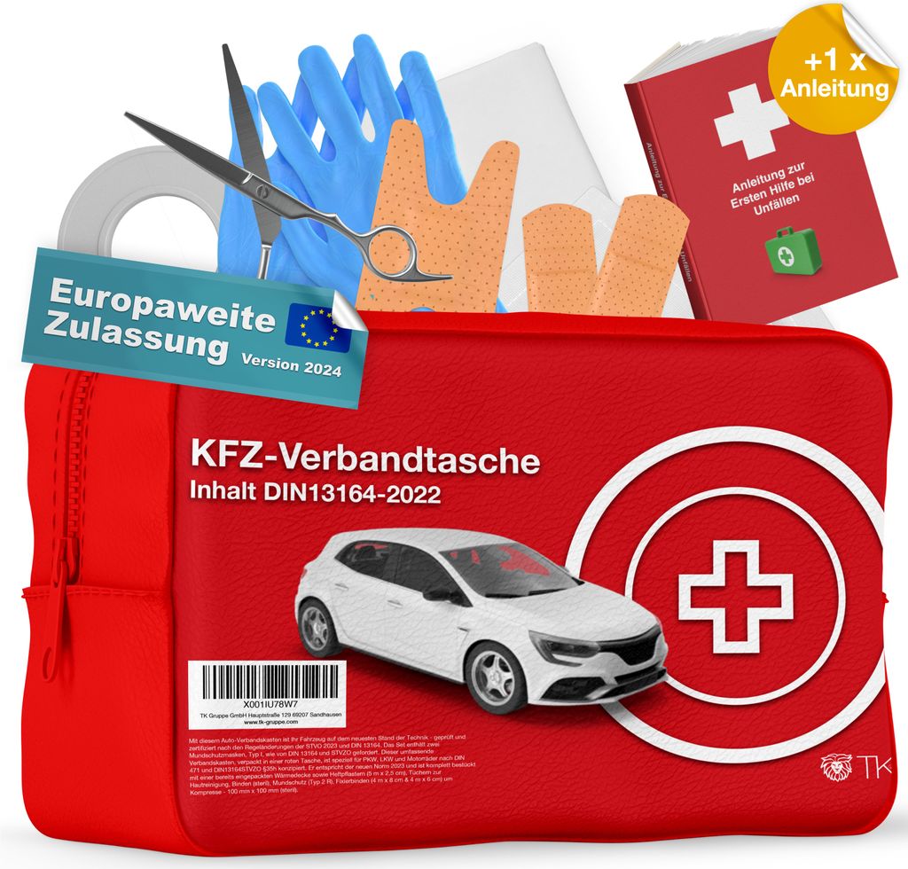 5in1 KFZ Verbandskasten Auto 2023/2024 Kombitasche - mit Warnweste, Erste  Hilfe Set,Warndreieck (Rot)