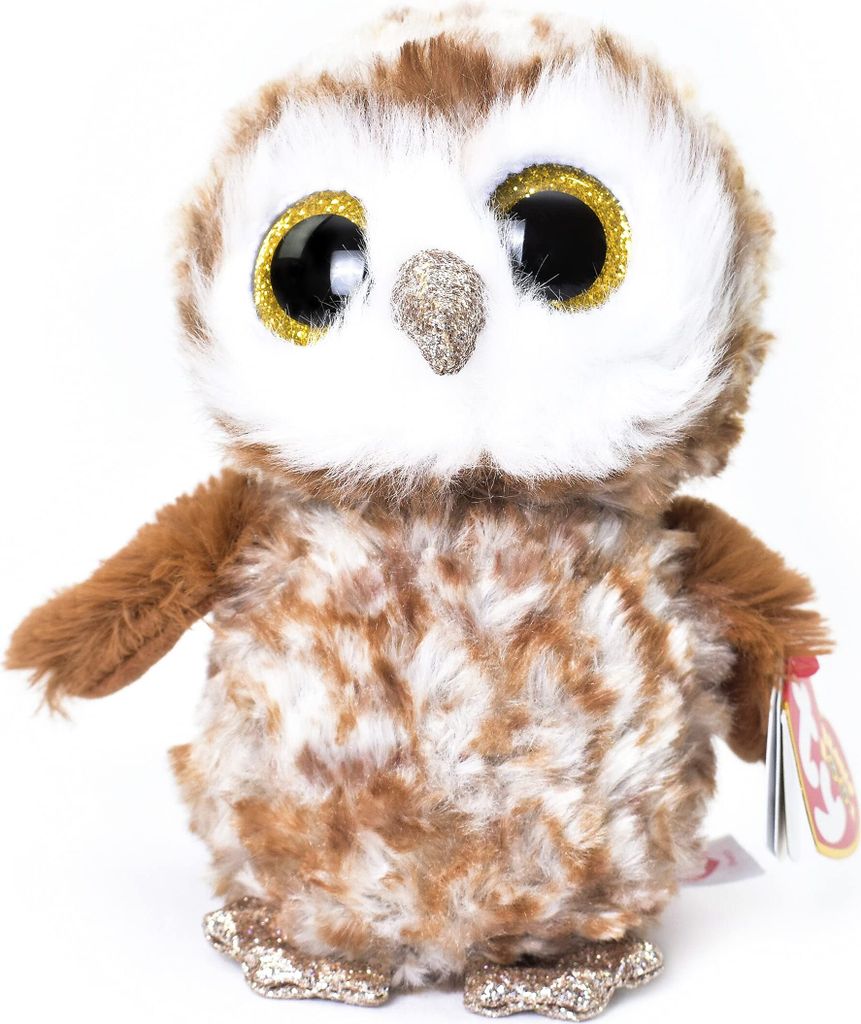 A plush owl toy with large, glittery eyes and brown and white patterned fur, standing on a white background.