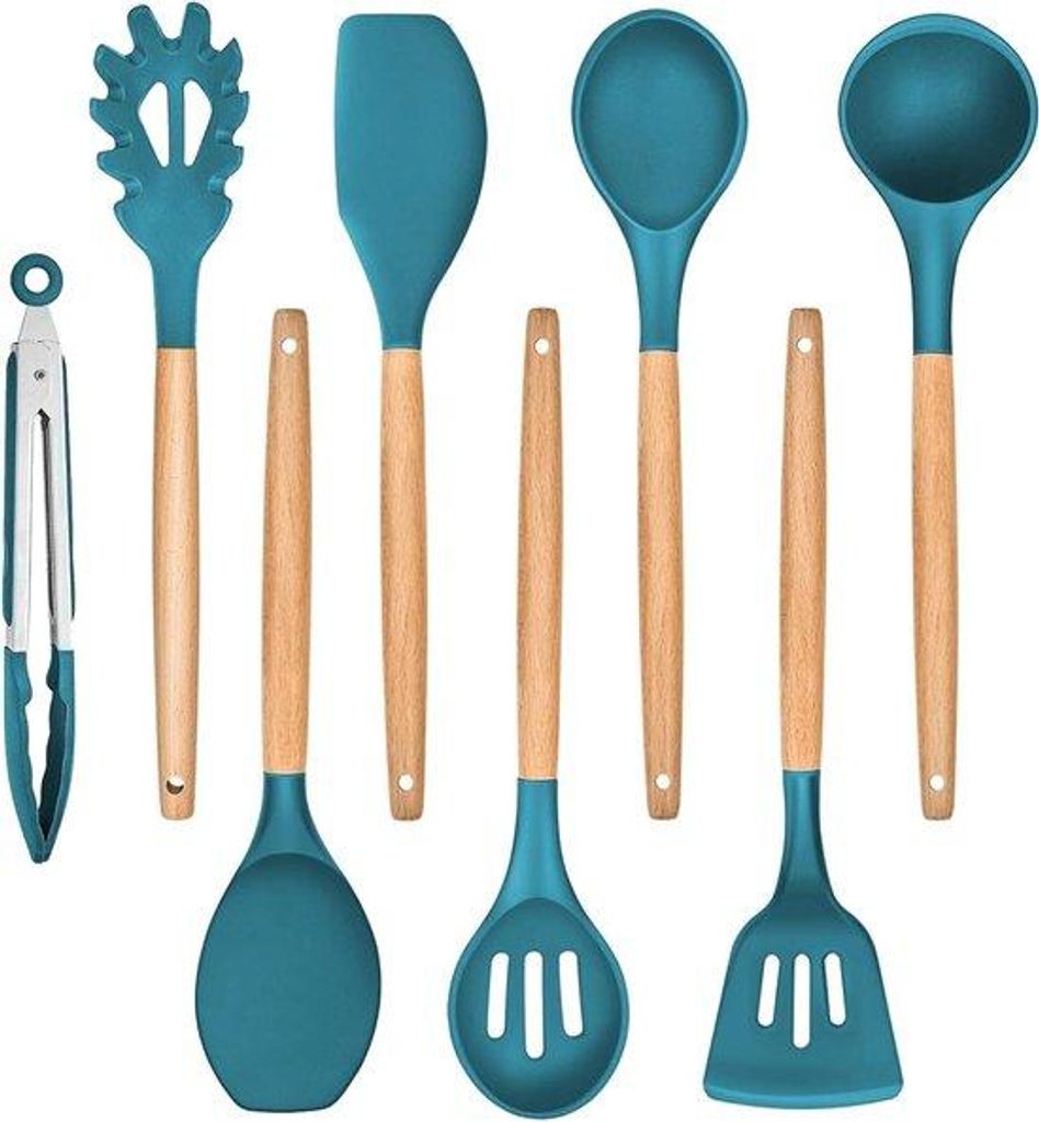 Silikon-Küchenmöbel-Set mit Holzgriff - 8-teilig - hitzebeständig - blau - Kochwerkzeuge