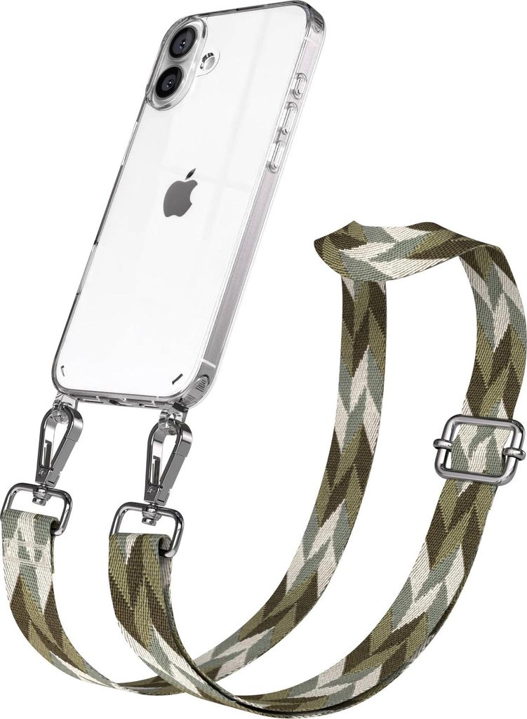 EAZY CASE Handykette - Verstellbarer Trageriemen kompatibel mit Apple iPhone 16 Plus, Handykordel mit transparenter Silikon-Hülle, Karabiner Silbe...
