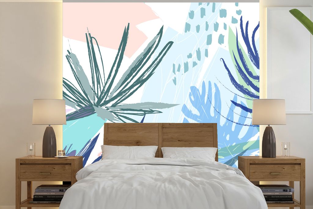 MuchoWow Fototapete für Wohnzimmer oder Schlafzimmer Wandtapete Vinyl Motivtapete Sommer - Tropisch - Blau - Pflanze - 260x260 cm - Papiertapeten