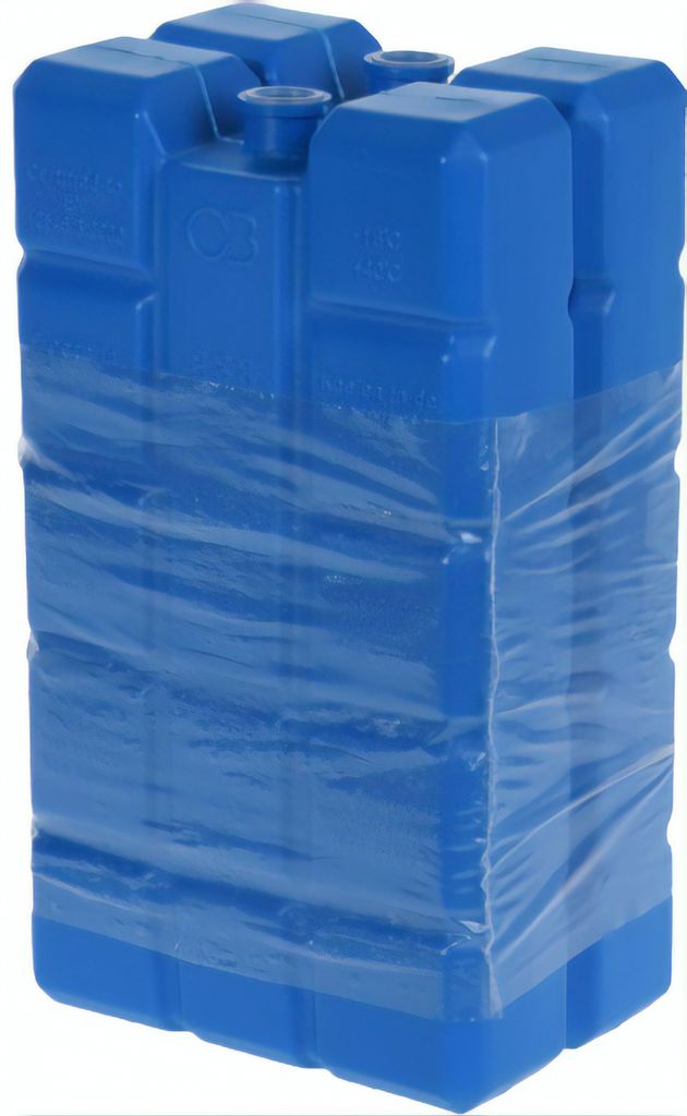 A stack of blue ice packs wrapped in clear plastic.